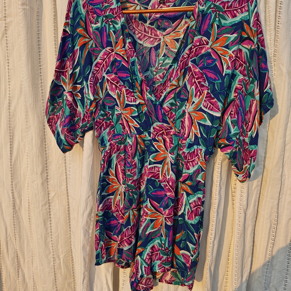 Lulu's Vibrant Leaf Print Blouse - Pink, Green, Purple